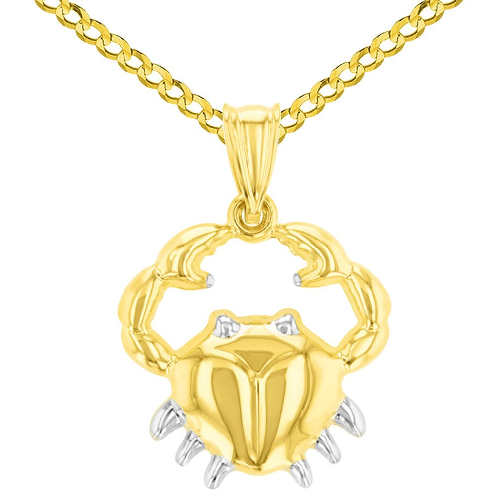 High Polish Solid 14K Yellow Gold Cancer Zodiac Sign Pendant Crab Charm Cuban Chain Necklace