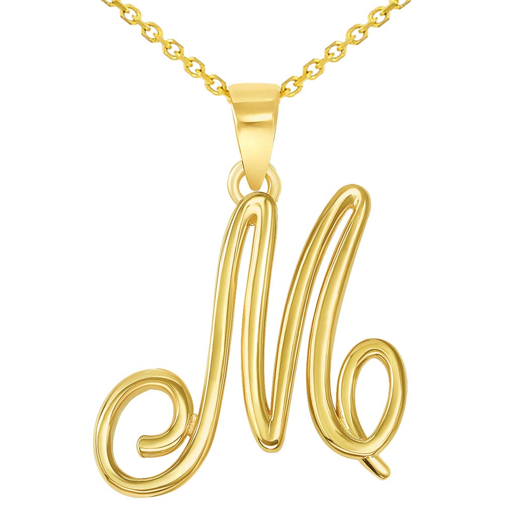 14k Yellow Gold Elegant Script Letter M Cursive Initial Pendant Necklace