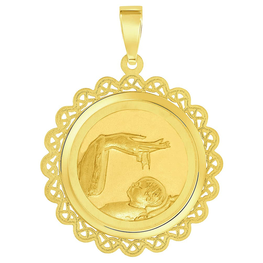 14k Yellow Gold Religious Baptism Christening On Round Ornate Medal Pendant (1")