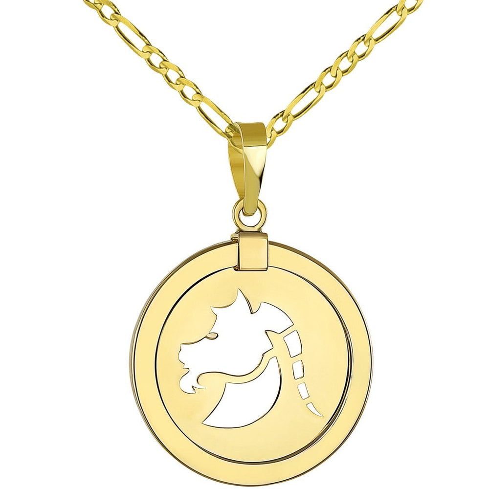 14K Gold Reversible Round Capricorn Goat Zodiac Sign Pendant with Figaro Chain Necklace - Yellow Gold