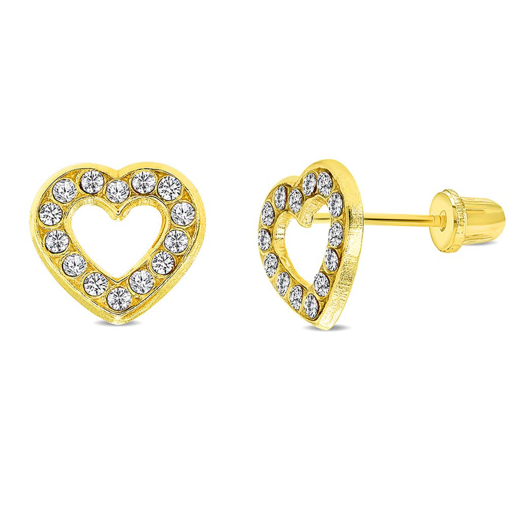 14k Yellow Gold CZ Open Heart Stud Earrings with Screw Back