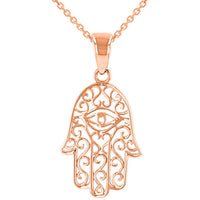 Load image into Gallery viewer, Solid 14K Rose Gold Filigree Hamsa Hand of Fatima with Evil Eye Pendant Necklace

