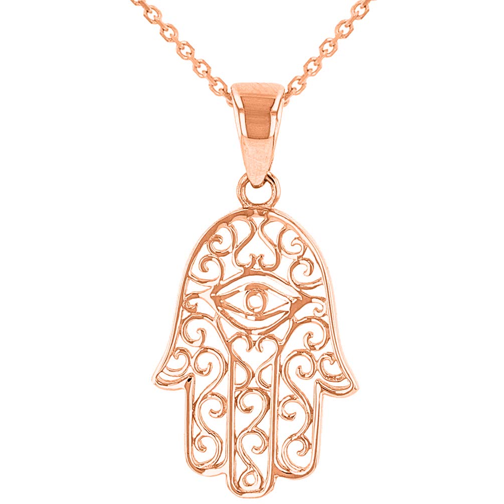 Solid 14K Rose Gold Filigree Hamsa Hand of Fatima with Evil Eye Pendant Necklace