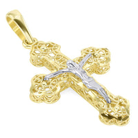 Load image into Gallery viewer, 14k Two Tone Gold Textured Filigree Eastern Orthodox Cross 3D Jesus Crucifix Pendant Necklace
