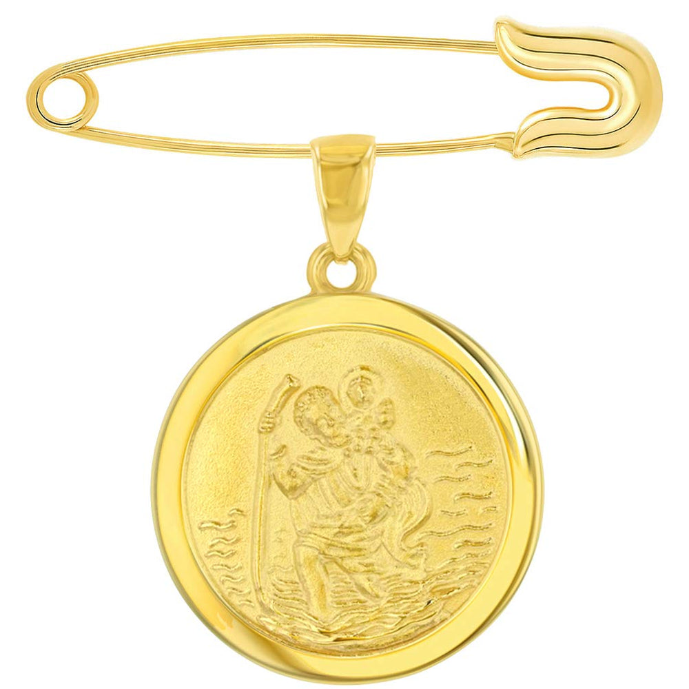 14k Yellow Gold Round Medallion of Saint Christopher Medal Charm Pendant with Safety Pin Brooch