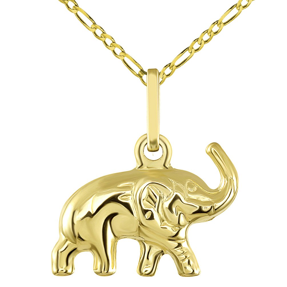 14K Yellow Gold Good Luck Elephant Charm Feng Shui Symbol Pendant with Figaro Chain Necklace