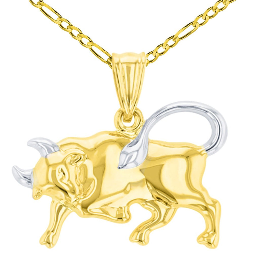 High Polish 14K Gold Bull Pendant Taurus Zodiac Sign Charm Figaro Chain Necklace - Yellow Gold