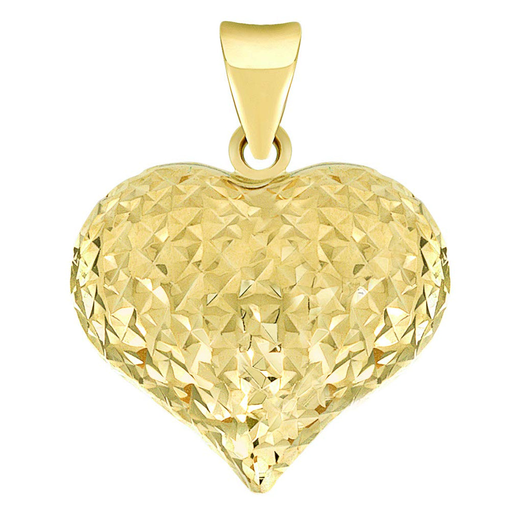 14k Yellow Gold Sparkle Cut Puffed Heart Charm Pendant