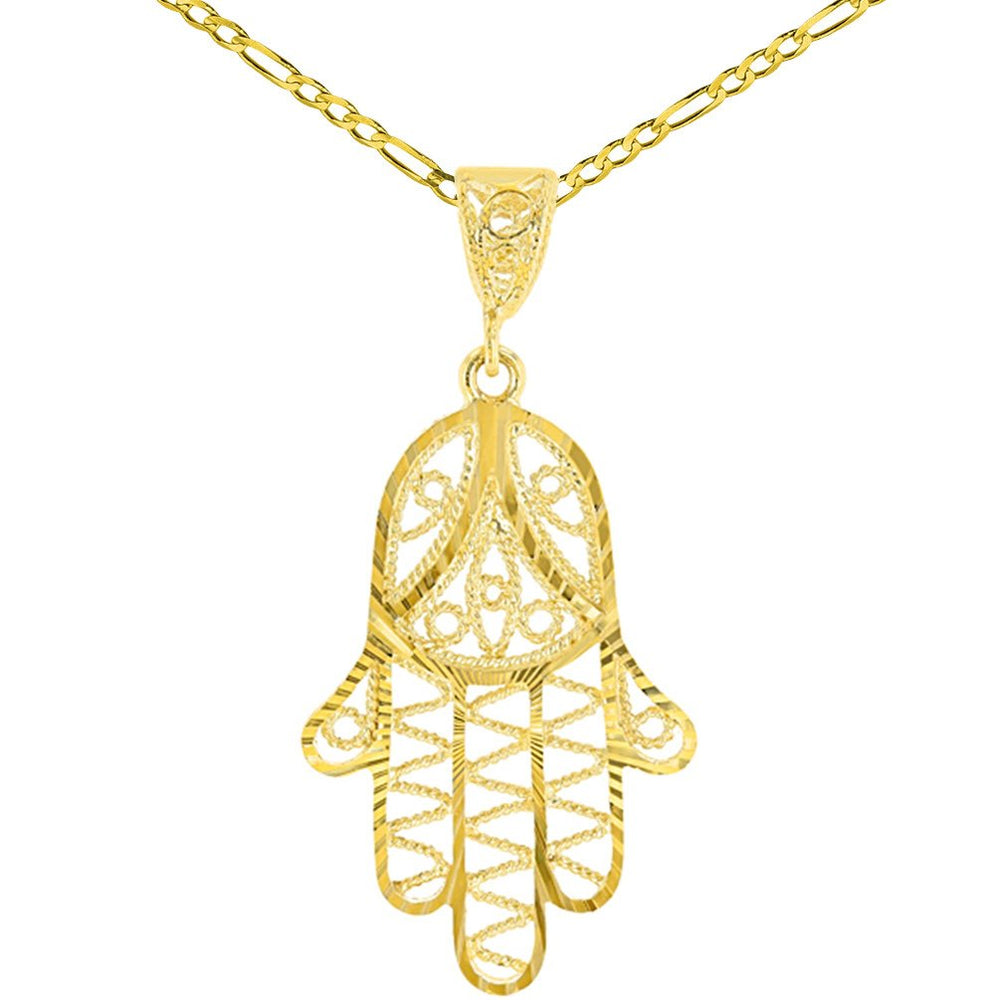 Solid 14K Gold Filigree Hamsa Charm Textured Hand of God Pendant Figaro Chain Necklace - Yellow Gold