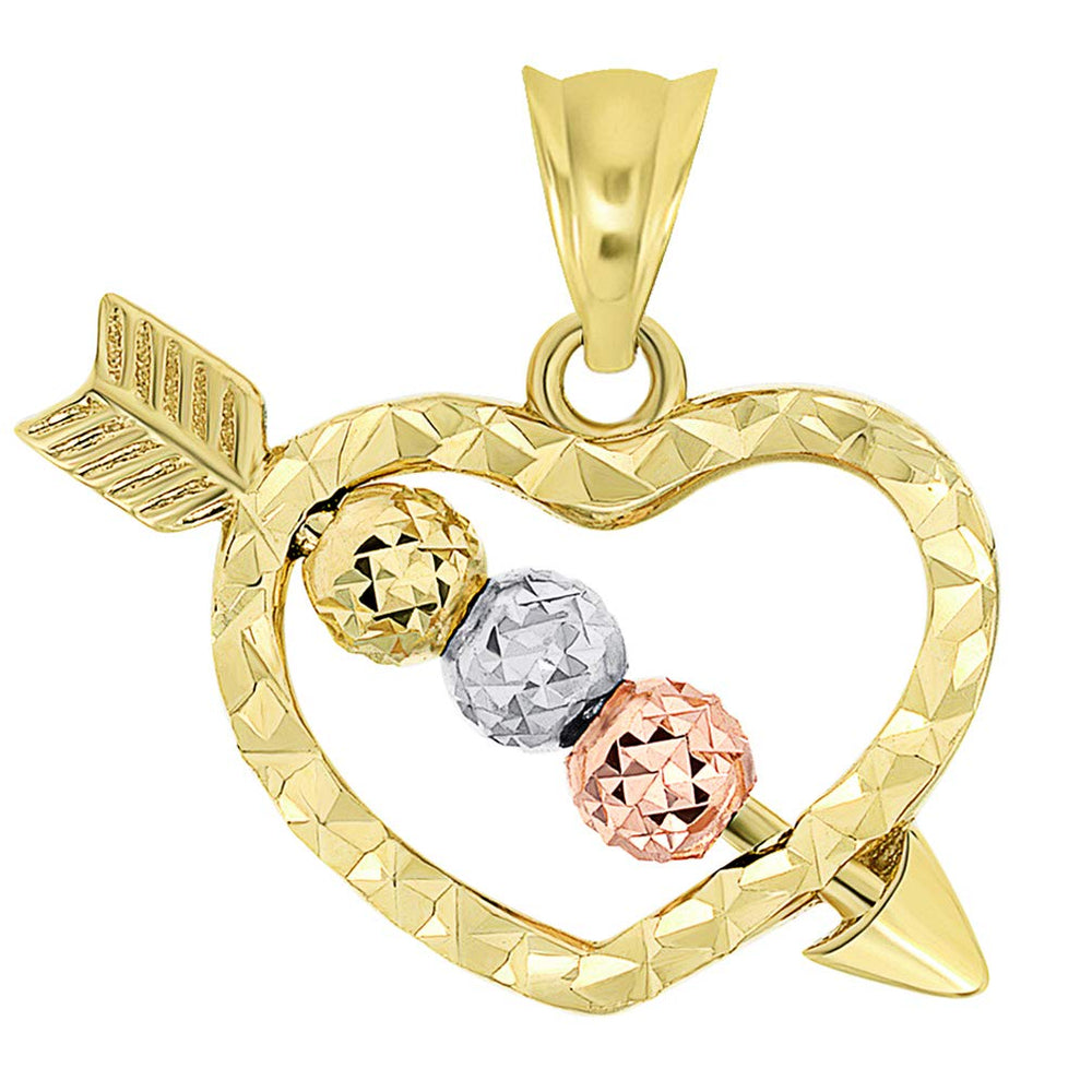 14k Tri-Color Gold Beaded Cupid's Love Arrow Through Textured Open Heart Pendant (small)