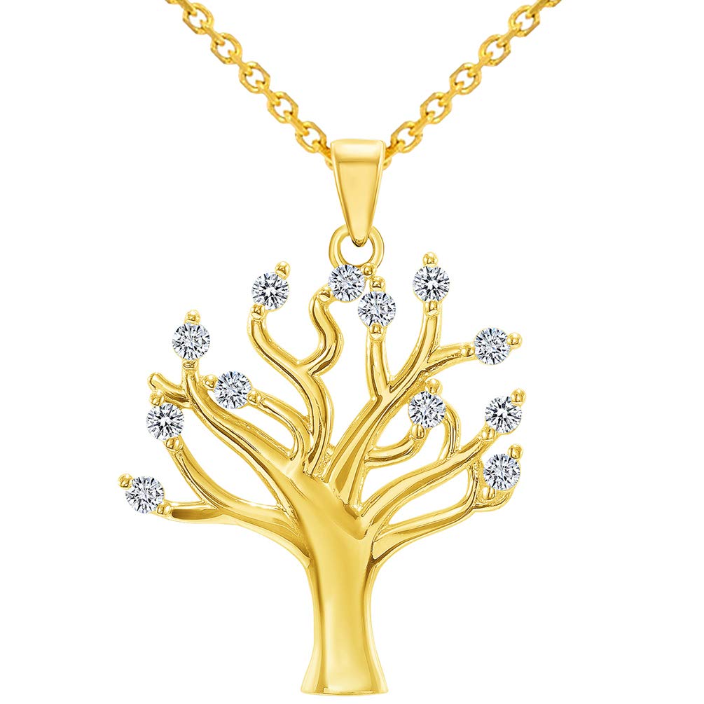 14k Yellow Gold High Polish Cubic-Zirconia Tree of Life Pendant Necklace