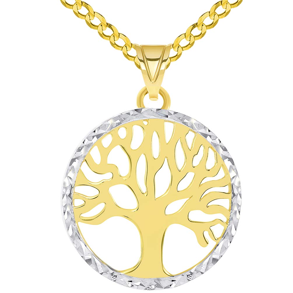 Textured and Polished Round Tree of Life Medallion Pendant with Curb Chain Necklace