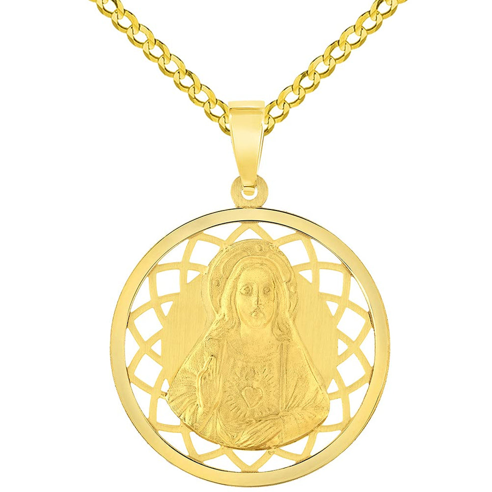 14k Yellow Gold Sacred Heart of Jesus Christ On Round Open Ornate Miraculous Medal Pendant Cuban Chain Curb Necklace