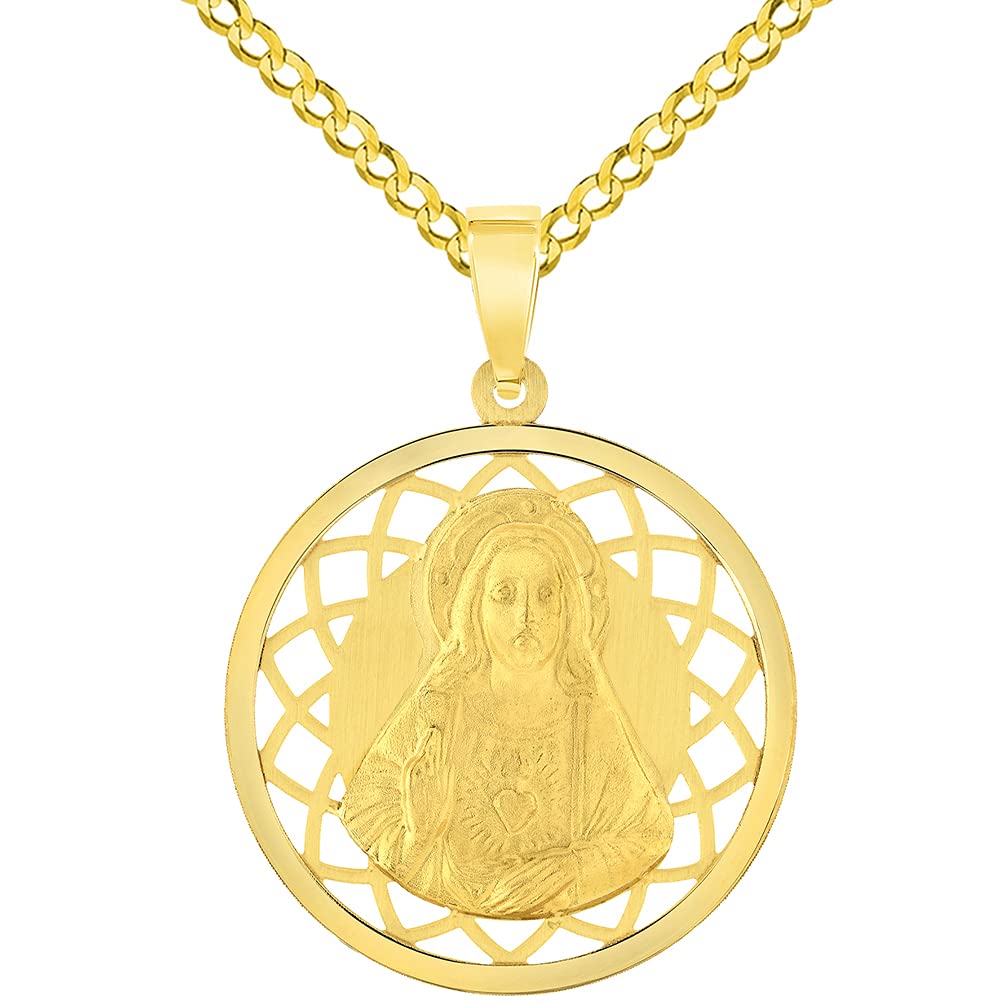 14k Yellow Gold Sacred Heart of Jesus Christ On Round Open Ornate Miraculous Medal Pendant Cuban Chain Curb Necklace
