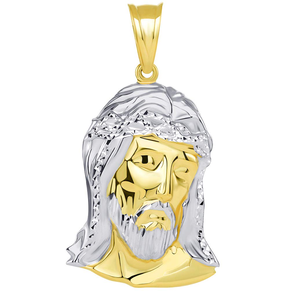 14k Yellow Gold Polished Two Tone Hollow Jesus Head Pendant, 42mm x 23mm