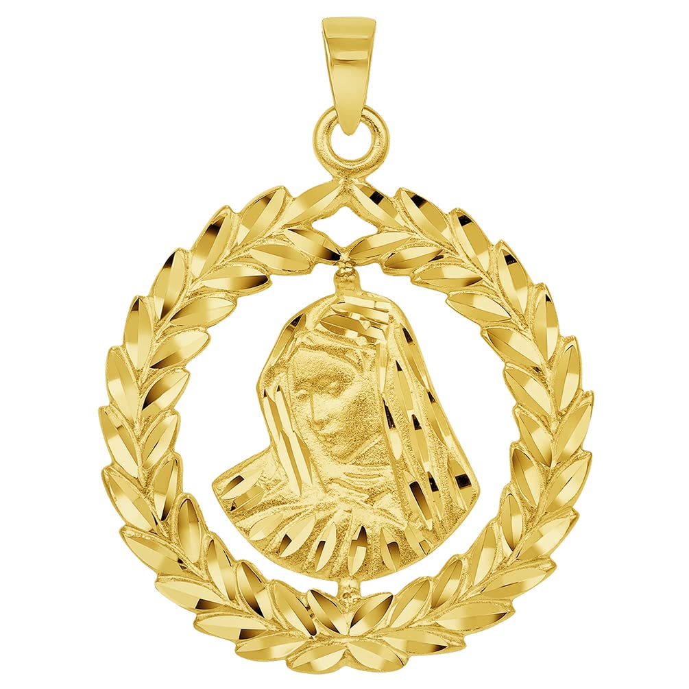 14k Yellow Gold Virgin Mary In Round Olive Branch Pendant