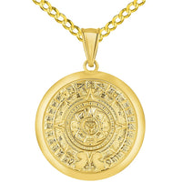 Load image into Gallery viewer, 14k Yellow Gold Aztec Mayan Sun Calendar Medallion Pendant with Curb Chain Necklace

