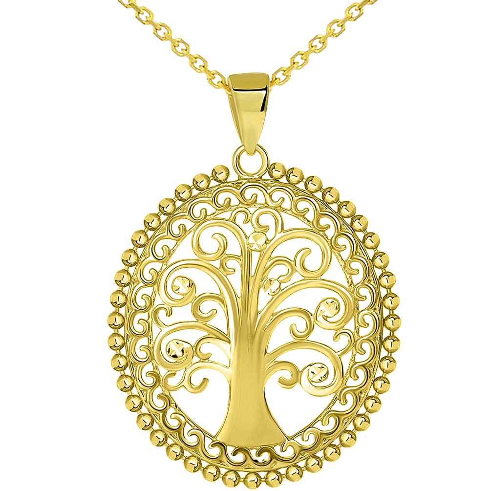 14k Yellow Gold Oval Budded Tree of Life Charm Pendant Available with Rolo Cable Chain Necklaces