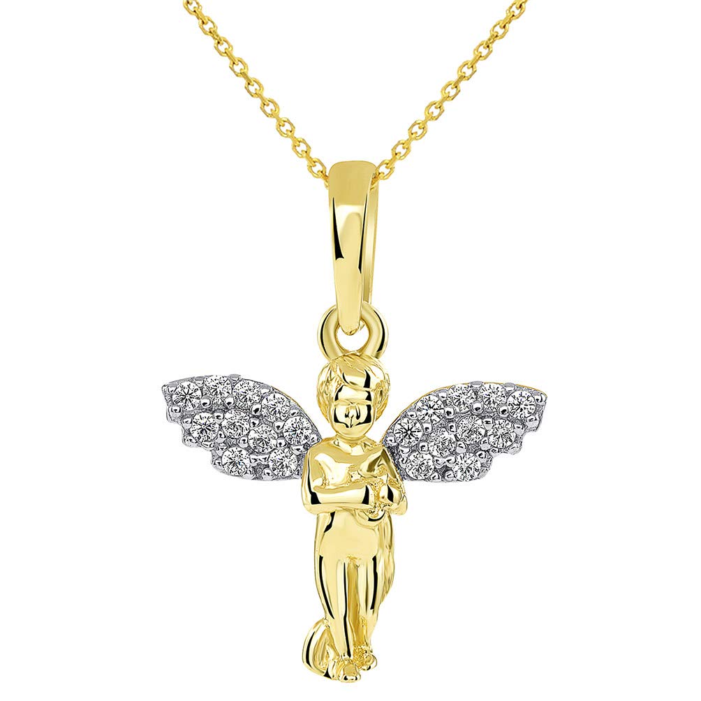14k Yellow Gold Guardian Angel Playing Harp with Micro Pave CZ Wings Pendant Necklace