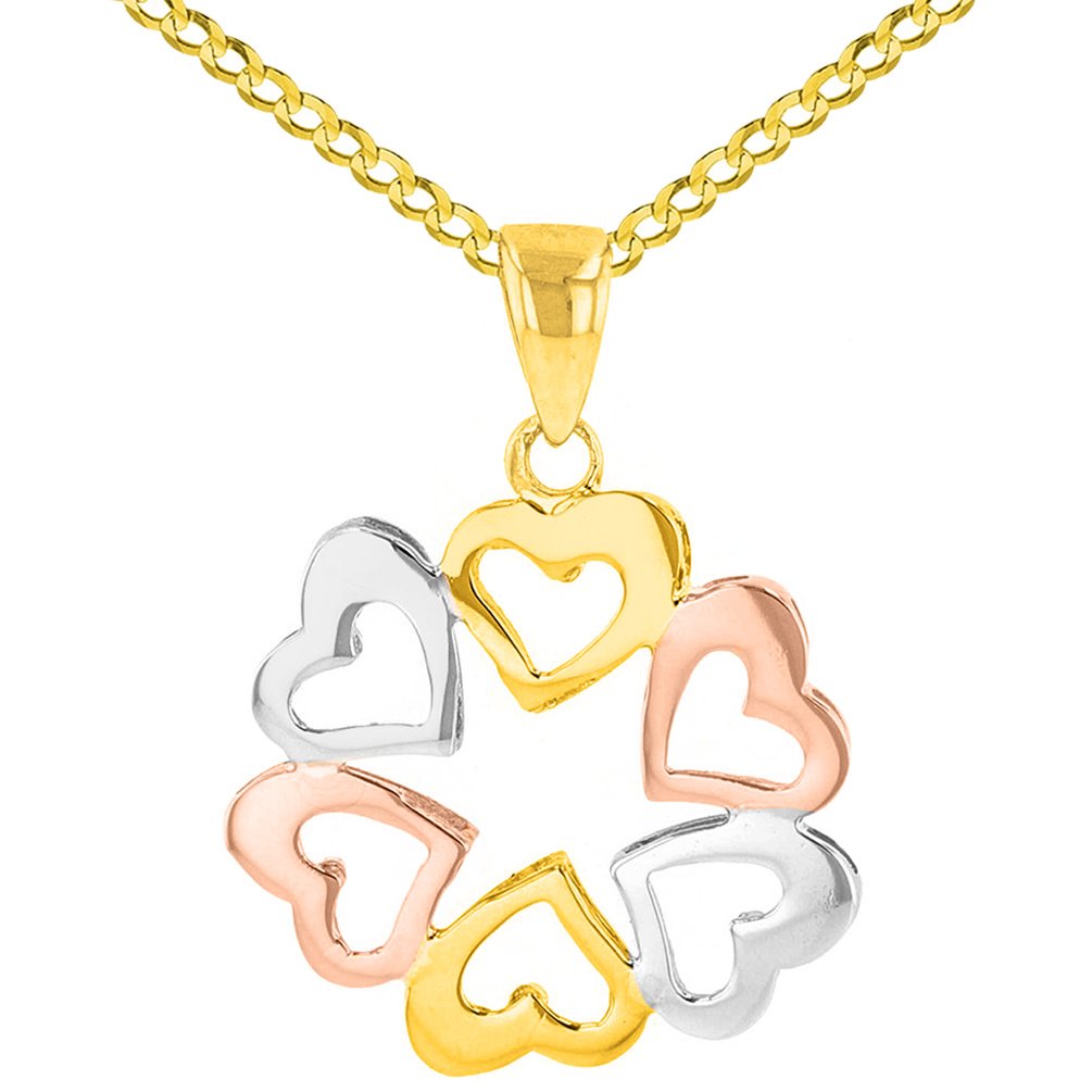 Solid 14K Tri-Color Gold Round Heart Charm Love Pendant Cuban Necklace