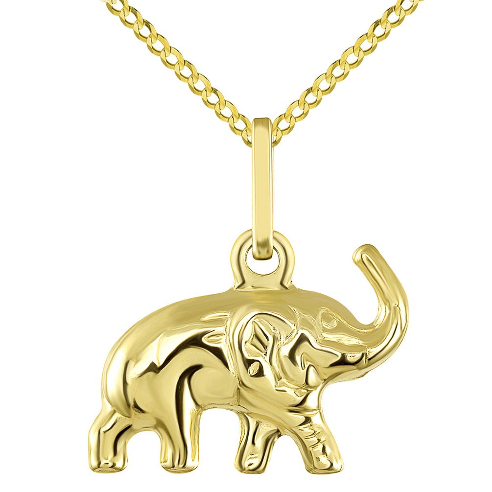 14K Yellow Gold Good Luck Elephant Charm Feng Shui Symbol Pendant with Cuban Chain Necklace