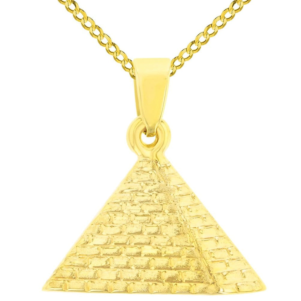 14K Gold Satin Polished Egyptian 2D Pyramid Pendant with Cuban Chain Necklace - Yellow Gold