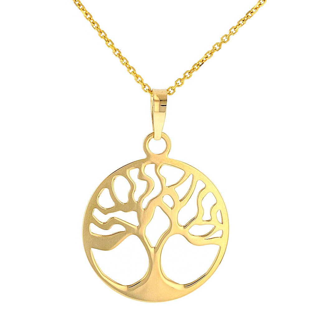 Jewelry America Solid 14k Gold Tree of Life Disk Chain Pendant Necklace