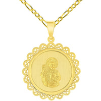 Load image into Gallery viewer, 14k Yellow Gold Round Ornate Miraculous Medal of Saint Jude Thaddeus the Apostle Pendant with Figaro Chain Necklace
