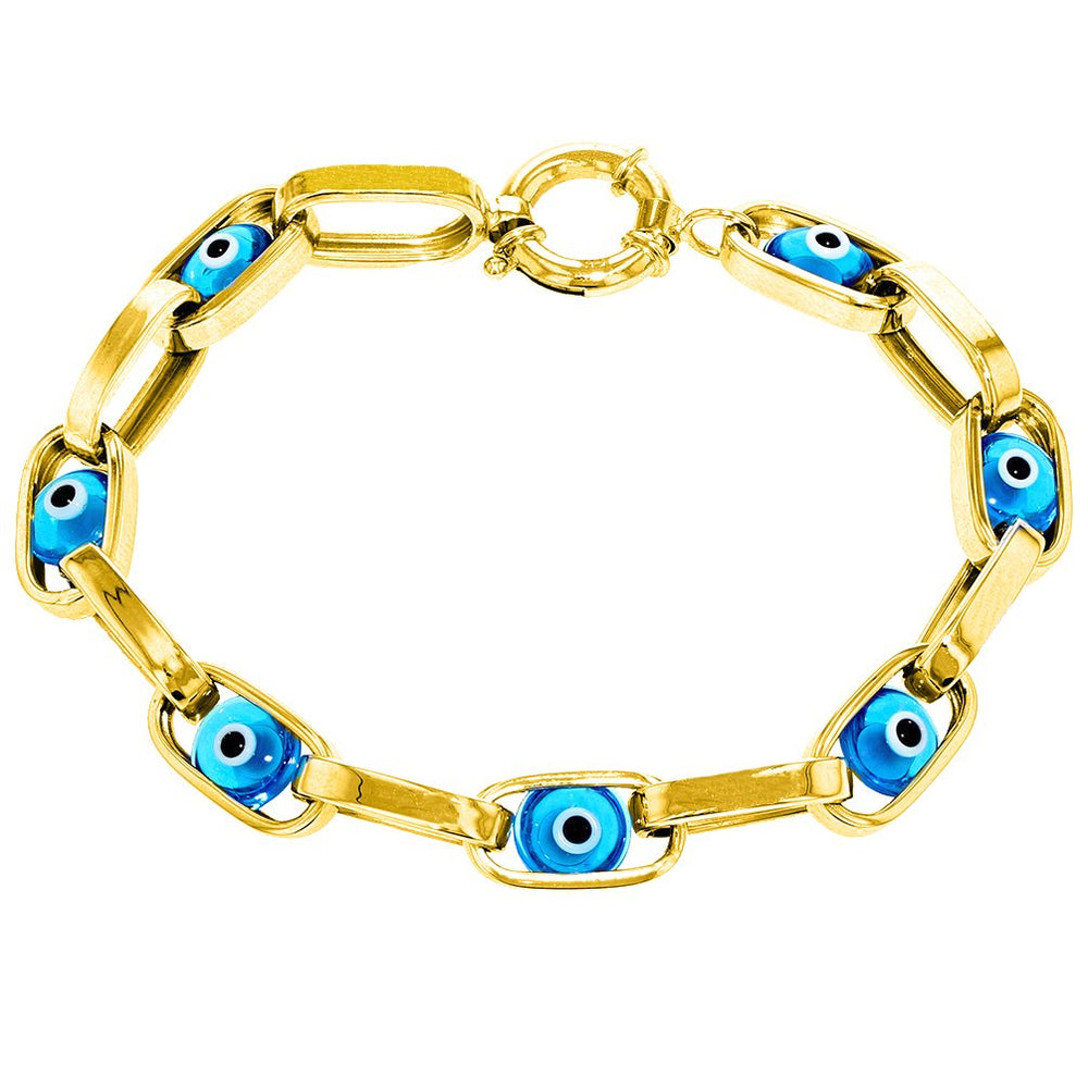 14K Yellow Gold Polished Blue Evil Eye of Nazar Evil Eye Chain Link Bracelet