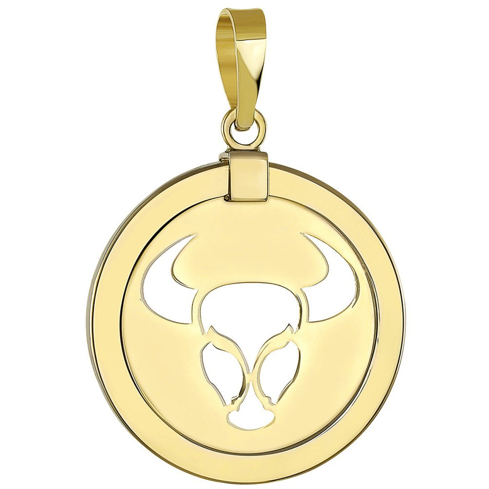 14K Gold Reversible Round Bull Taurus Zodiac Sign Pendant - Yellow Gold