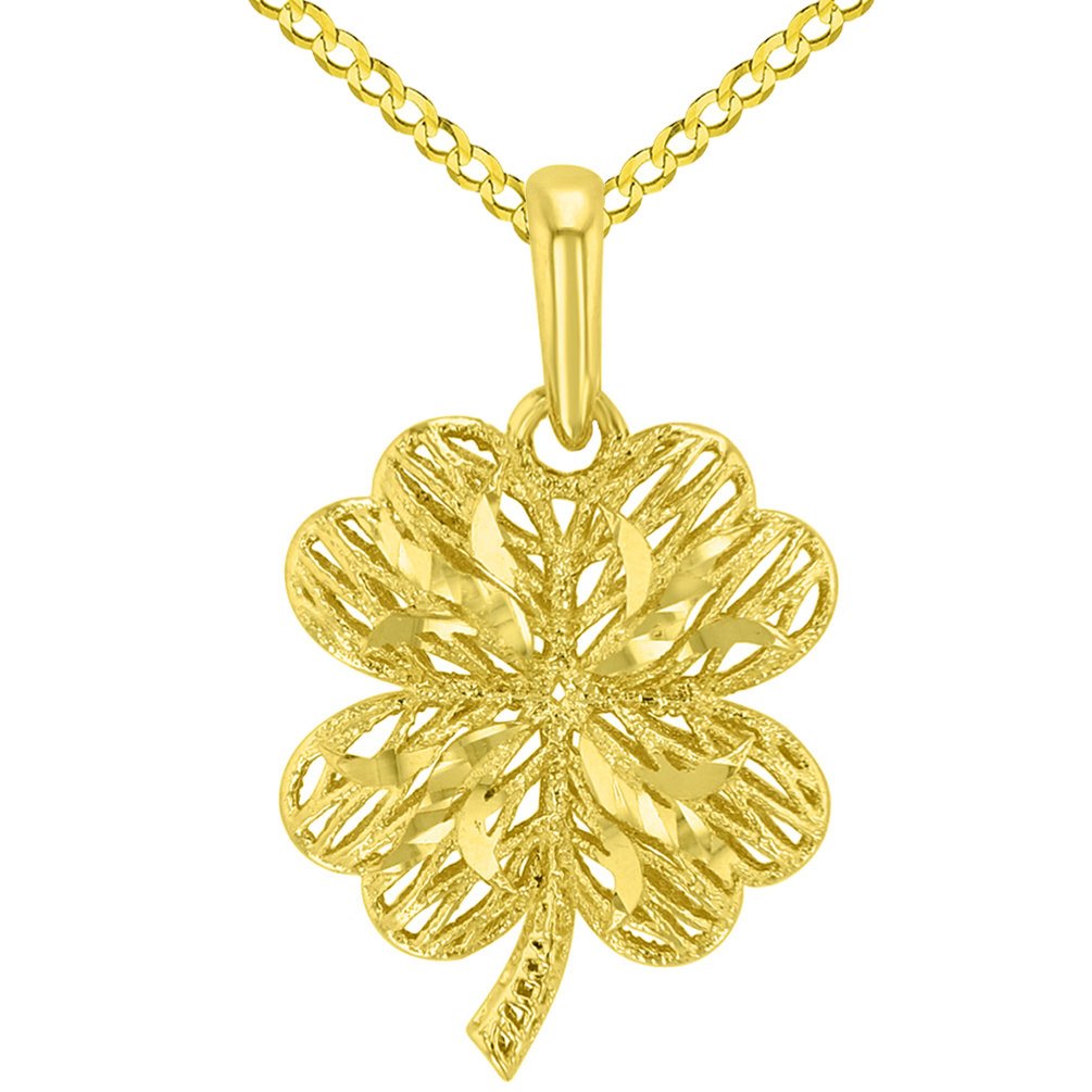Textured 14k Yellow Gold Puffed 3-D Four Leaf Clover Pendant with Curb Chain Necklace