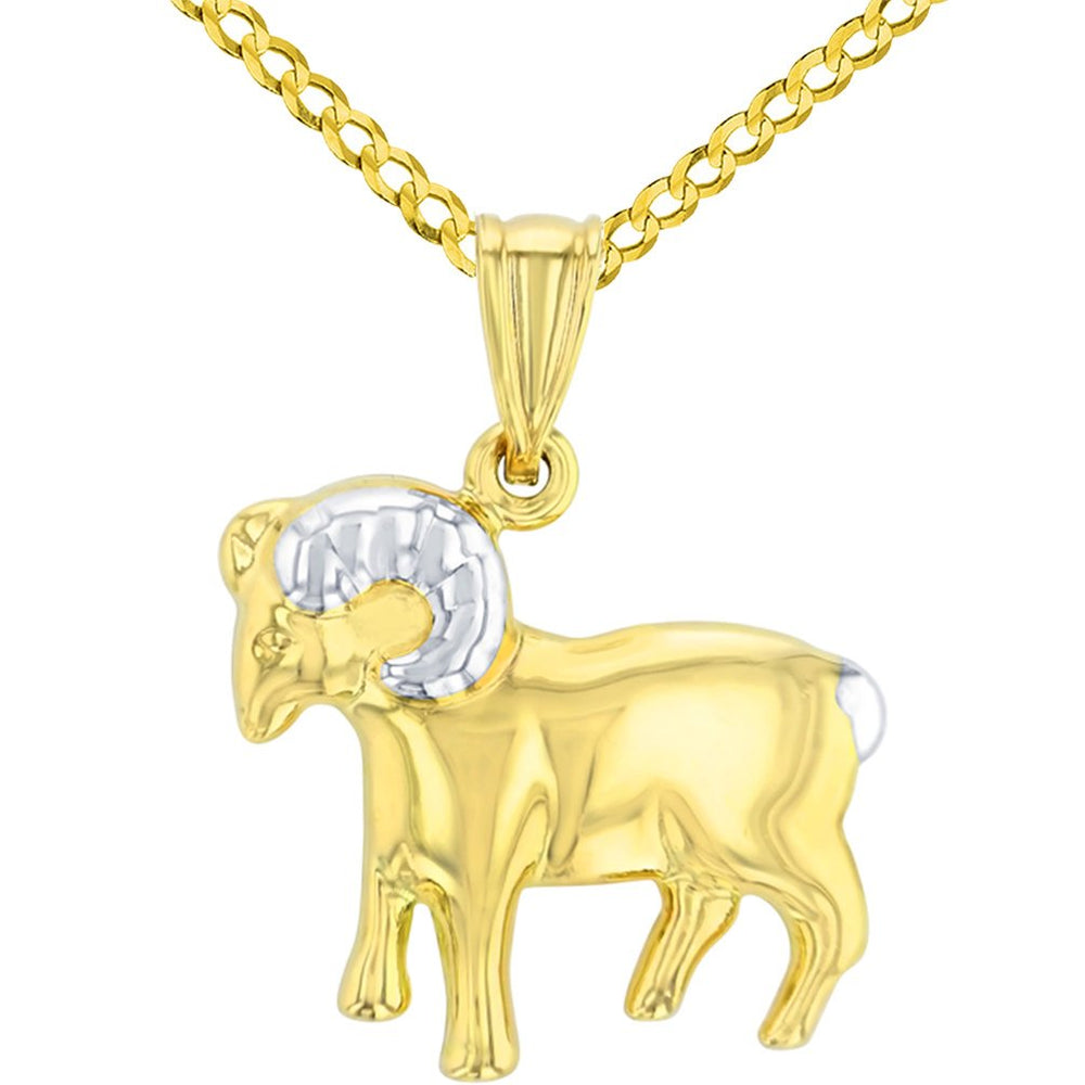 High Polish 14K Yellow Gold Aries Zodiac Sign Pendant Ram Charm Cuban Curb Chain Necklace