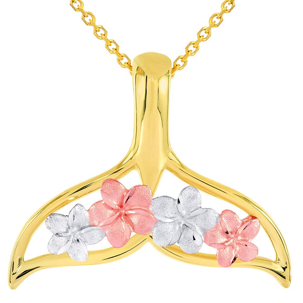 14k Gold Open Tri-Tone Whale Tail with Hawaiian Plumeria Flower Pendant Necklace - Yellow and Rose Gold