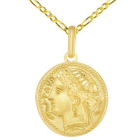 Load image into Gallery viewer, Solid 14k Yellow Gold Greek Arethusa Charm Calabria Taranto Pendant with Figaro Chain Necklace
