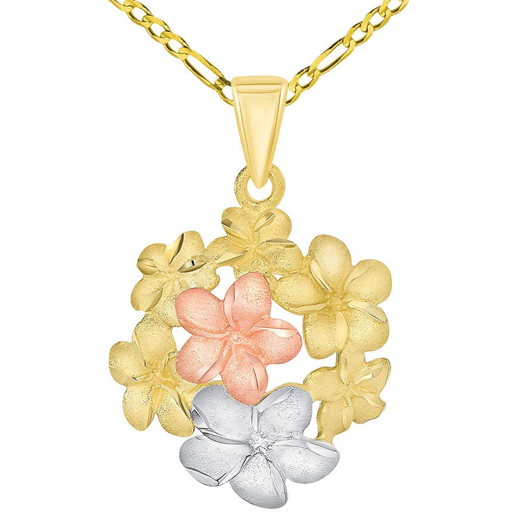 14k Yellow and Rose Gold Bouquet of Tri-Tone Hawaiian Plumeria Flower Pendant with Figaro Chain Necklace