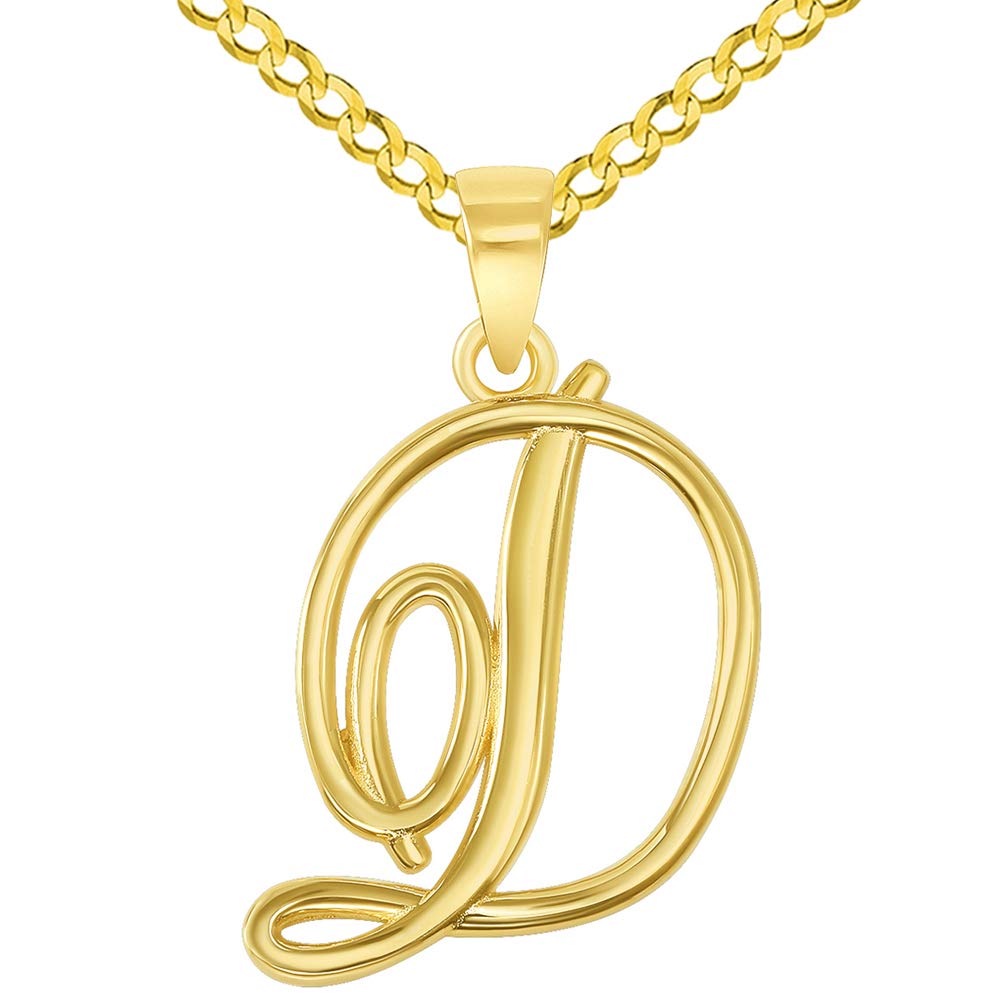 14k Yellow Gold Elegant Script Letter D Cursive Initial Pendant with Curb Chain Necklace