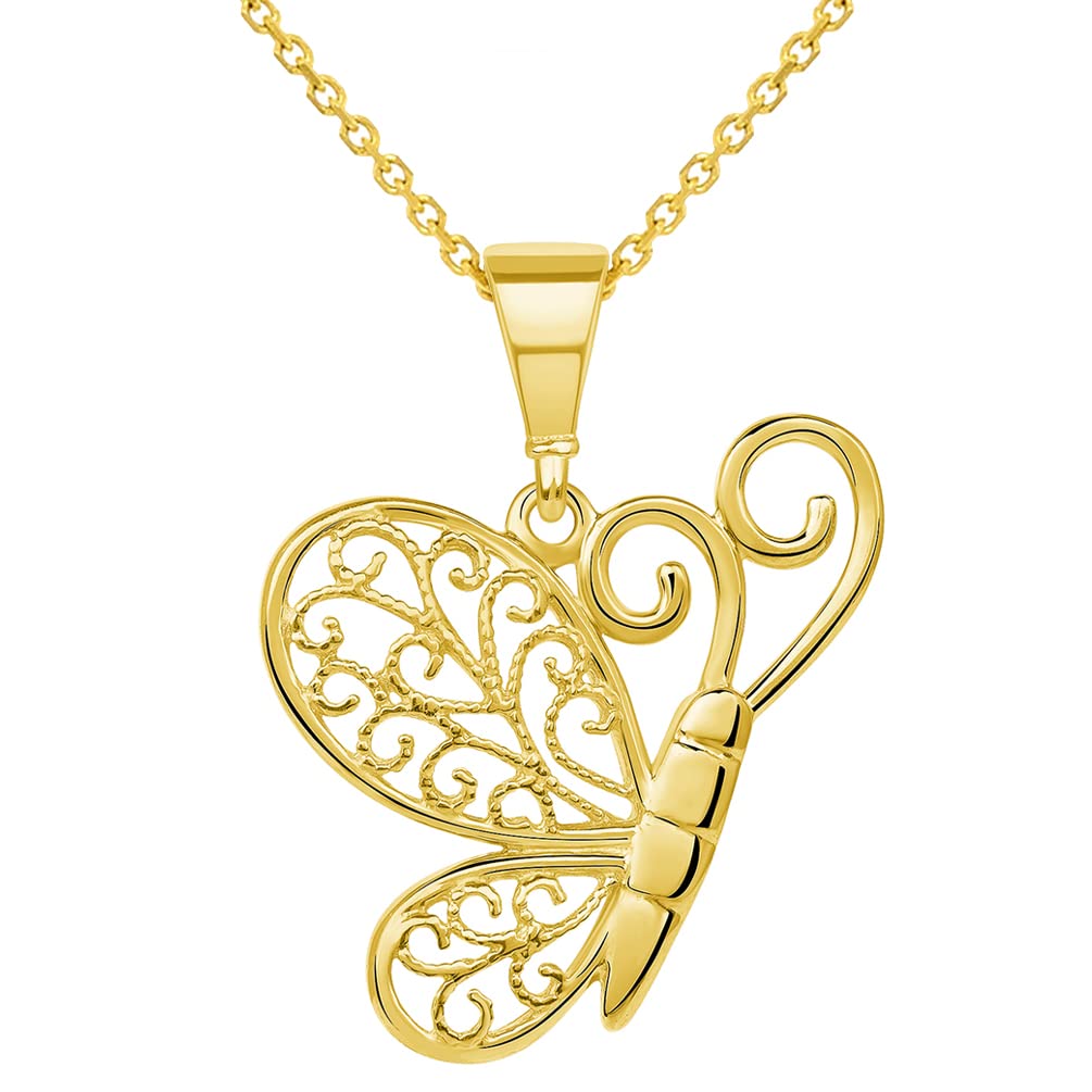 14k Yellow Gold Filigree Wing Flying Butterfly Pendant Necklace