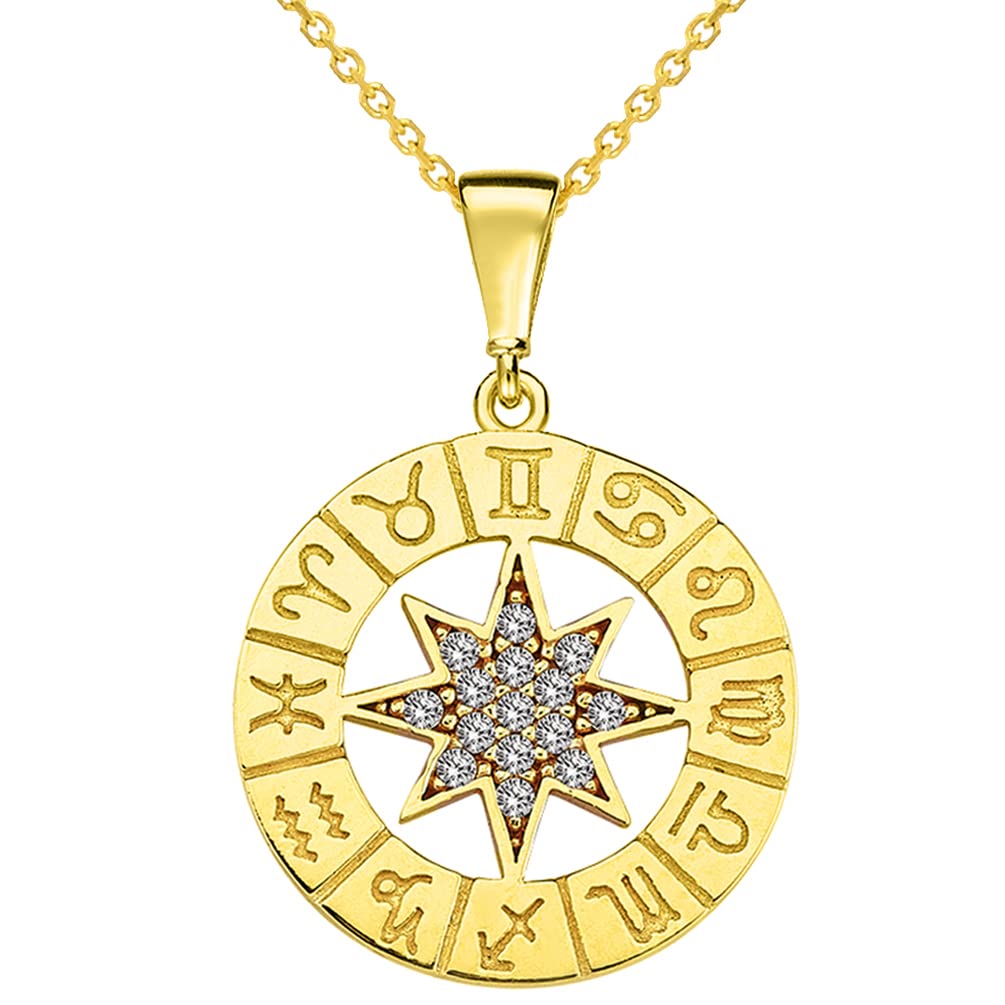 14k Yellow Gold Cubic-Zirconia Round Zodiac Compass Calendar Pendant Necklace