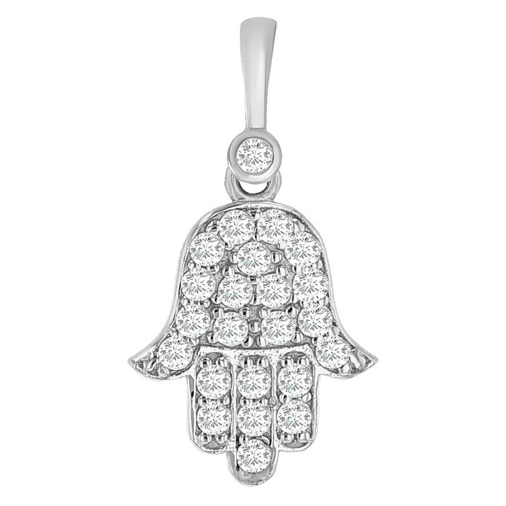 14k White Gold Mini Hamsa Hand of Fatima Charm Pendant with Cubic Zirconia