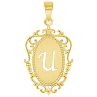Load image into Gallery viewer, 14k Yellow Gold Elegant Filigree Oval Uppercase Initial U Script Letter Plate Pendant with Figaro Chain Necklace
