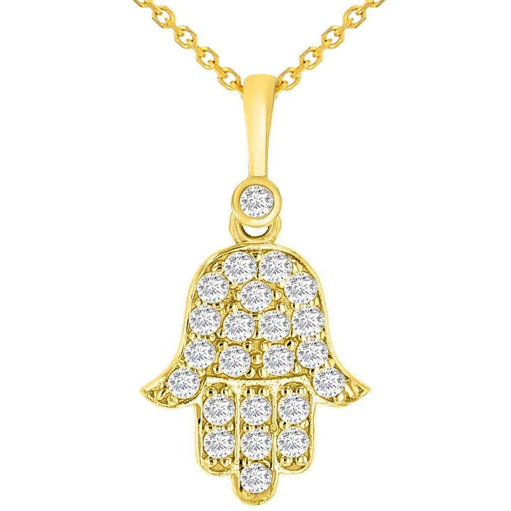 14k Yellow Gold Cubic Zirconia Mini Hamsa Hand of Fatima Charm Pendant Necklace