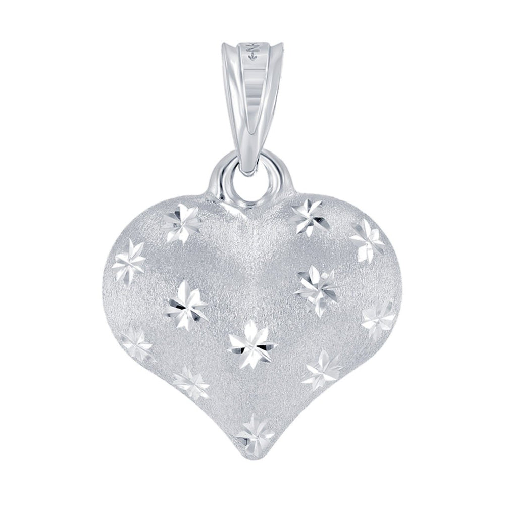 Polished 14K White Gold Satin Heart with Star Texture Charm Pendant