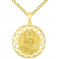 Load image into Gallery viewer, 14k Yellow Gold Sacred Heart of Jesus Christ On Round Open Ornate Miraculous Medal Pendant Figaro Chain Necklace
