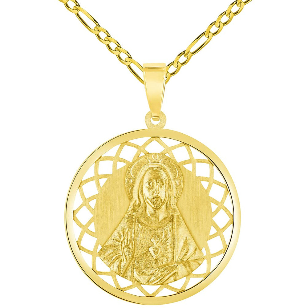 14k Yellow Gold Sacred Heart of Jesus Christ On Round Open Ornate Miraculous Medal Pendant Figaro Chain Necklace