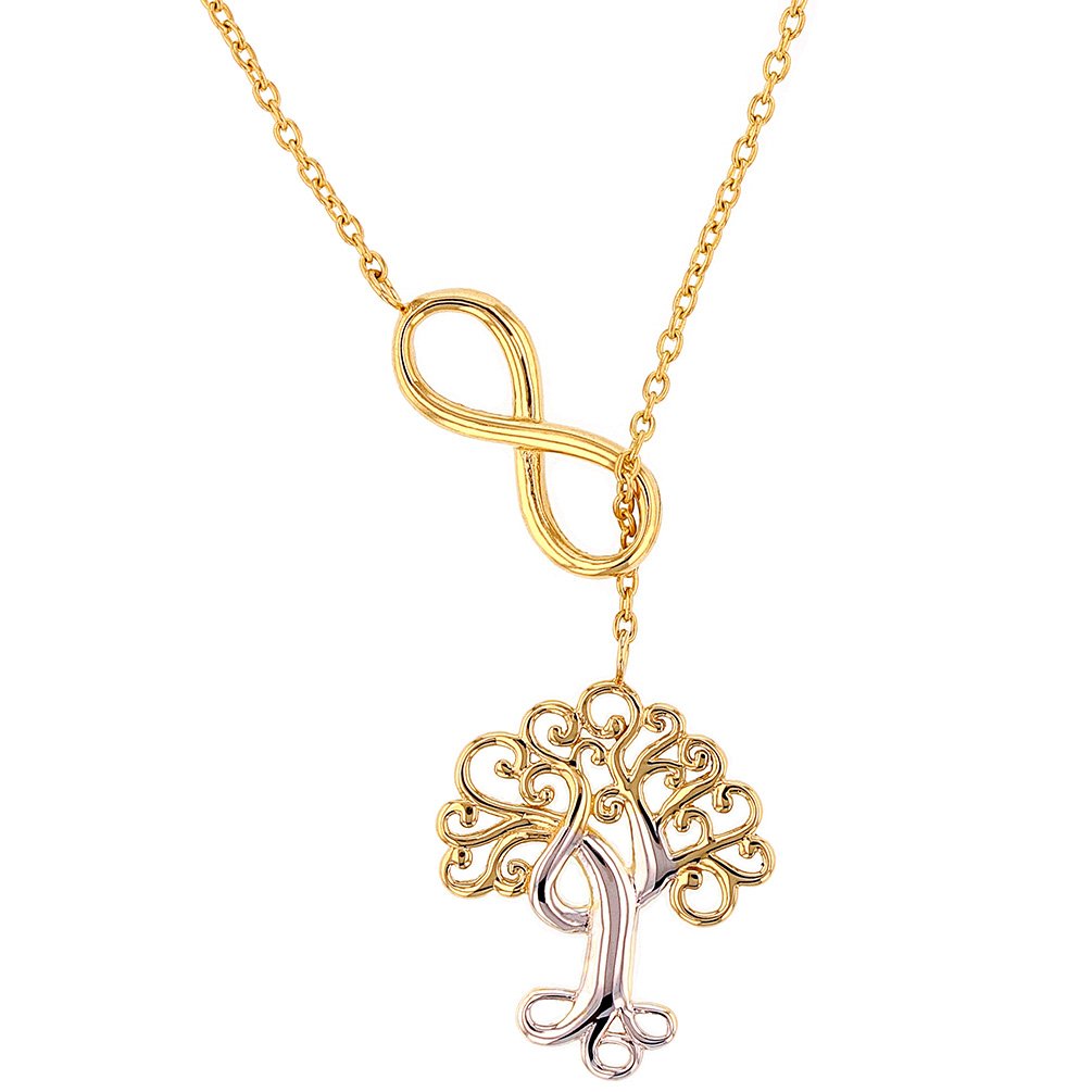 Solid 14K Yellow Gold Simple Tree of Life with Infinity Sign Pendant Adjustable Choker Necklace