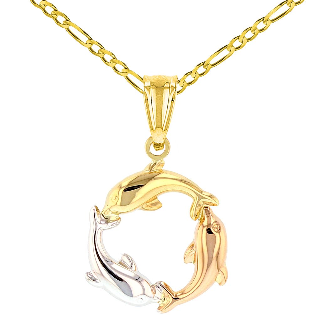 14K Polished Tri-Color Gold Kissing Dolphin Circle Pendant Figaro Necklace