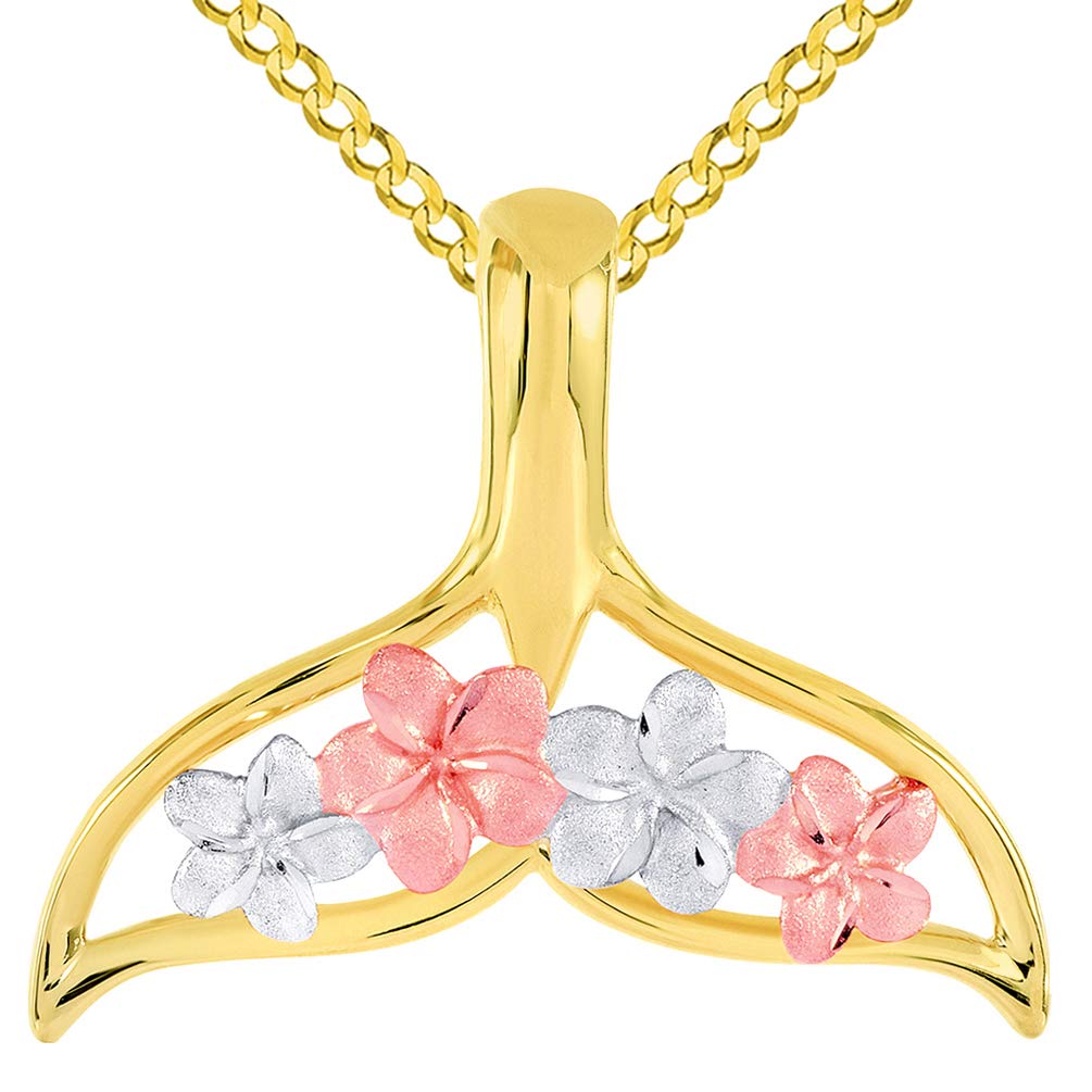 14k Yellow and Rose Gold Open Tri-Tone Whale Tail with Hawaiian Plumeria Flower Pendant Curb Chain Necklace