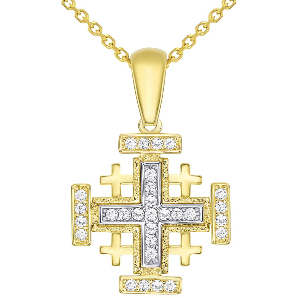 14k Solid Yellow Gold CZ Crusaders Jerusalem Cross Pendant Necklace with Rolo Chain