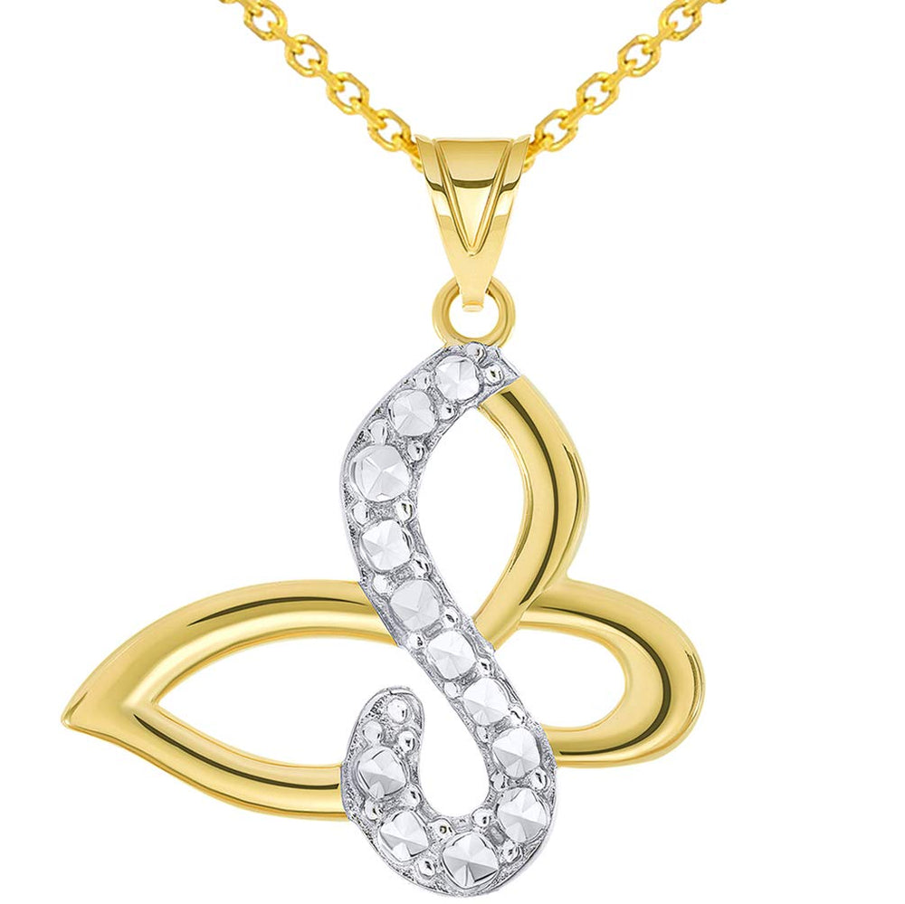 14k Yellow Gold High Polished and Sparkle Cut Two-Tone Infinity Butterfly Pendant Necklace