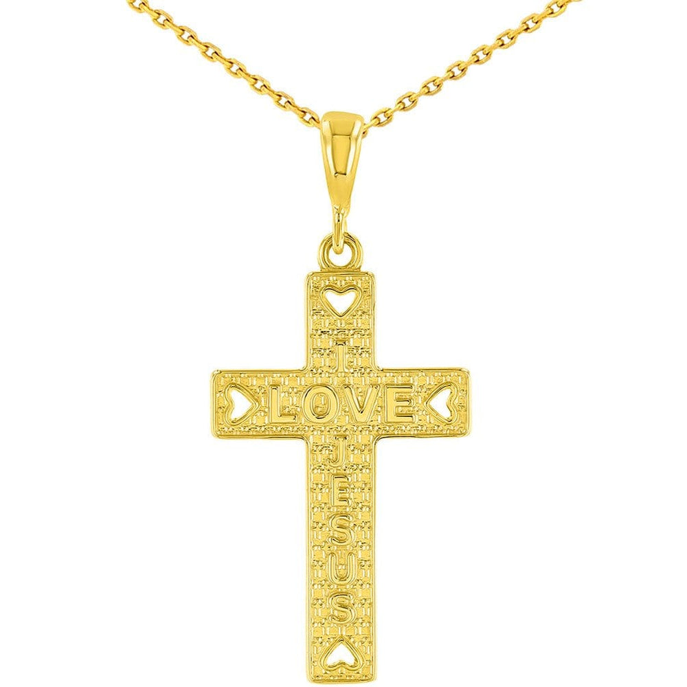 14K Gold I Love Jesus Cross Charm Pendant Necklace - Yellow Gold